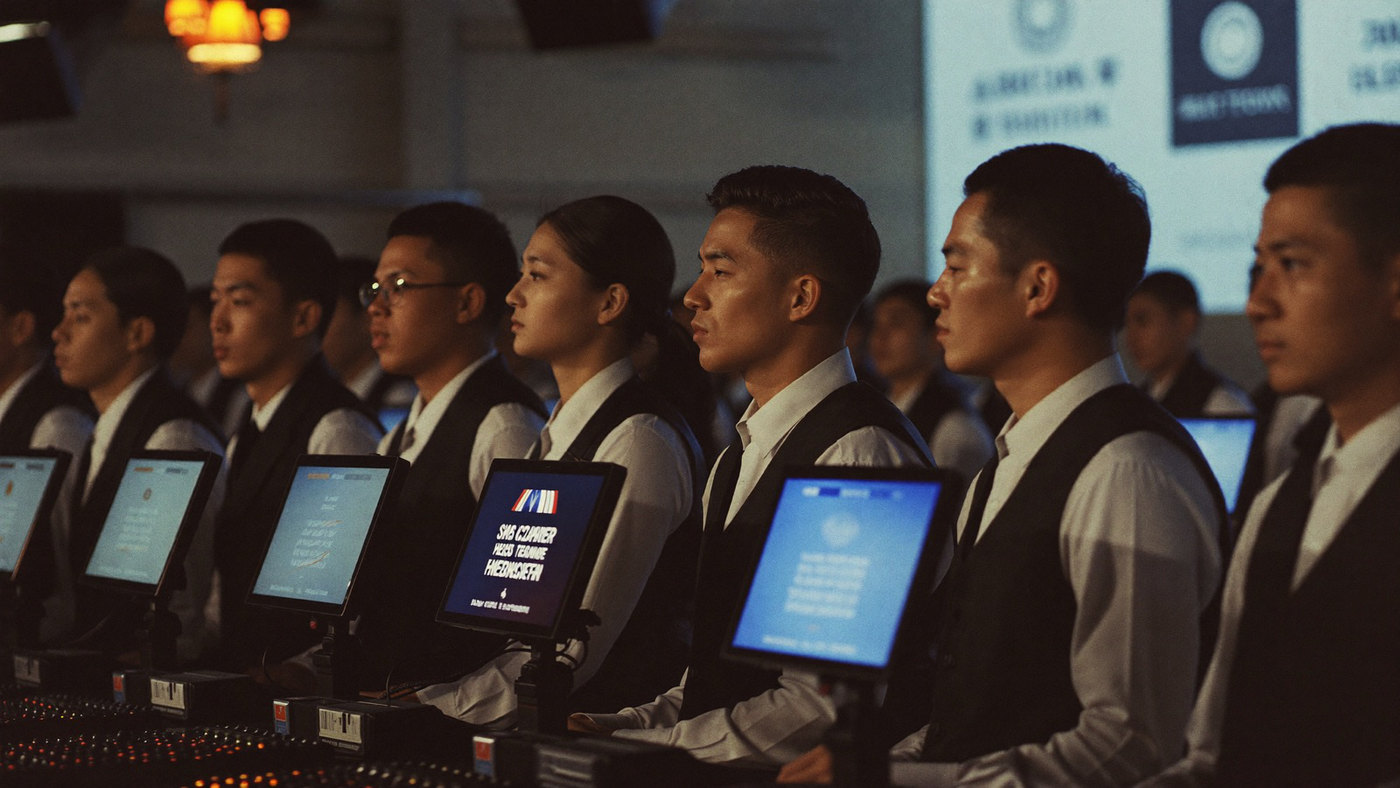Row of live dealers standing at their stations in a broadcast studio