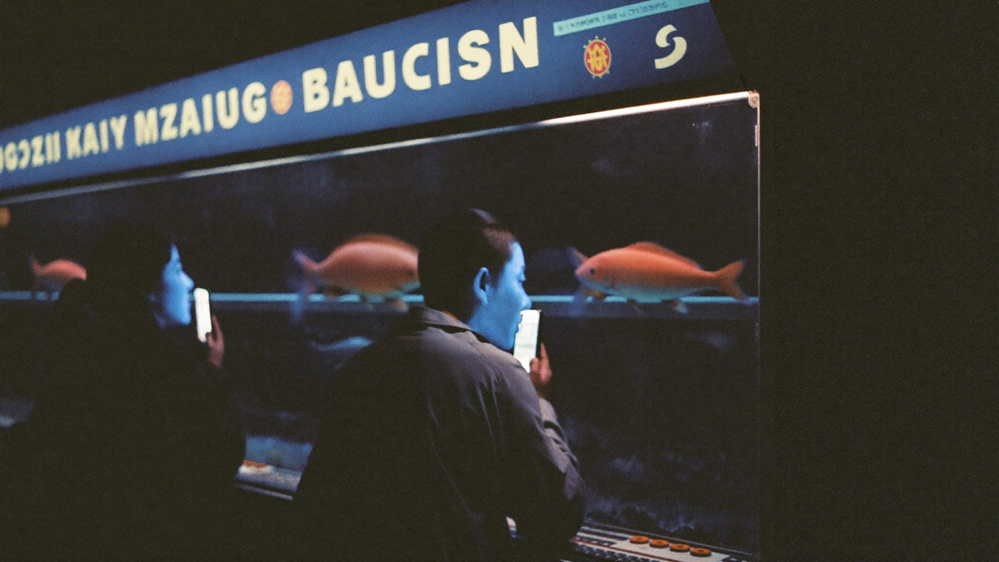 Scene bawah air terang dengan ikan lintas screen dalam game arcade fishing